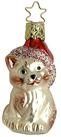 Christbaumschmuck Glas 7cm Katze mit Weihnachtsmütze mundgeblasen handbemalt Weihnachtskugeln beige