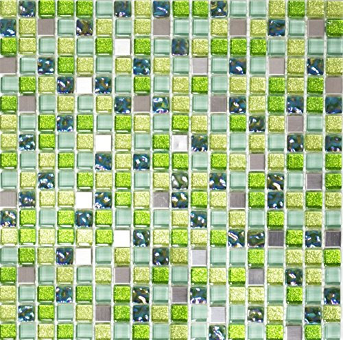 Glasmosaik kvadrat kristall/stålblandning grön genomskinlig 3D, mosaiksten format: 15 x 15 x 8 mm, bågstorlek: 305 x 322 mm, 10 ark
