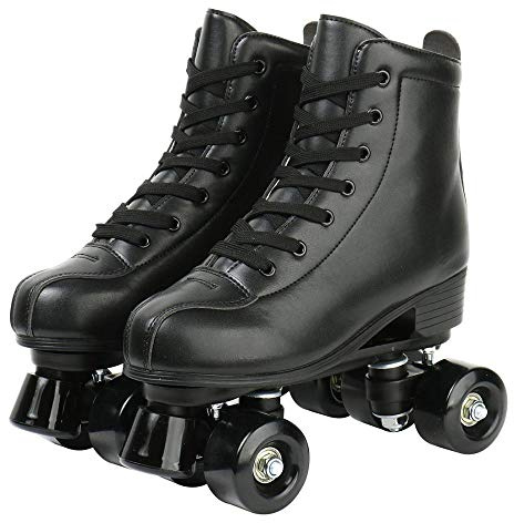 XUDREZ Double Row Skates - Adjustable Leather High-top Roller Skates for Indoor & Outdoor Use - Adult Sizes with Bag (Black Wheels, Women's 10 / Men's 8.5)
