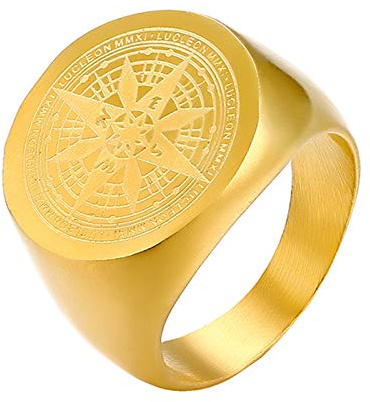 JewelryWe Smycken herrring med gravyr, rostfritt stål kompass sigillring rund ring band silver guld svart present för män storlek 54–69, Rostfritt stål