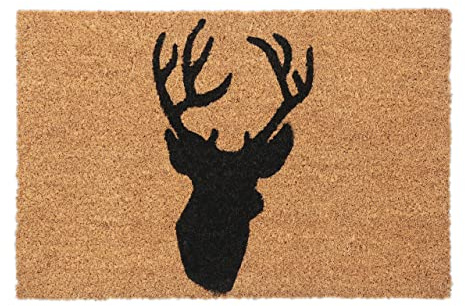 Relaxdays Zerbino da Ingresso in Cocco, Tappetino Antiscivolo con Cervo, 40x60 cm, per Interni e Esterni, Nero Naturale