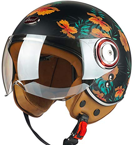 GJJGMGD Motorradhelm, bunter Motorrad-Halbhelm Scooter 3/4 Jethelm mit Sonnenblende Retro-Vintage-Stil DOT/ECE-zugelassener Sommer-Mopedhelm für Männer und Frauen (54-61 cm)