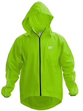 FT Fashion Track Giacca impermeabile da uomo, giacca da ciclismo, ad alta visibilità, leggera, antivento, riflettente, con cappuccio staccabile e tasca posteriore, Verde, M
