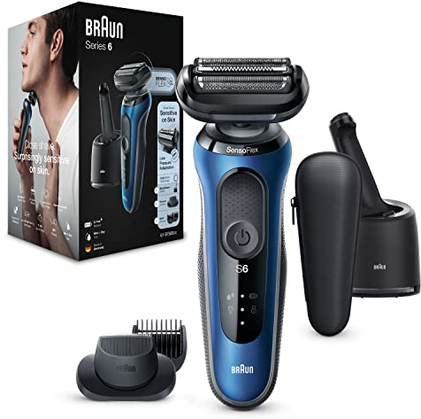 Braun Series 6 Rasierer Herren Elektrisch mit EasyClick Aufsatz, Elektrorasierer & Barttrimmer, Reinigungsstation, SensoFlex, Wet & Dry, wiederaufladbar & kabellos, 61-B7500cc, blau