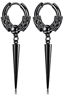 Gothic Punk Black Stainless Steel Long Spike Awl Dangle Drop Earrings Piercing Jewelry Viking Dragon-Shaped Huggie Hoop Earring Gift for Men Women Teens