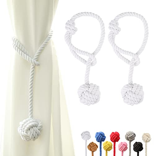 OCIOLI 2 alzapaños de Cortina con Gran Bola Tejida para Exteriores, alzapaños de algodón Tejido a Mano, alzapaños Decorativos para Cortinas (Blanco，2)