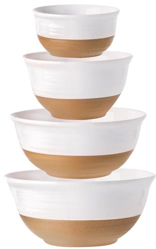 HASENSE Nesting Ceramic Mixing Bowls Set of 4, 2.1/1.5/1.0/0.5 Qt White & Terracotta Stoneware Bowls, Farmhouse Bowls for Cooking, Prepping, Salad & Soup, Dishwasher & Microwave Safe, Serving Dishes