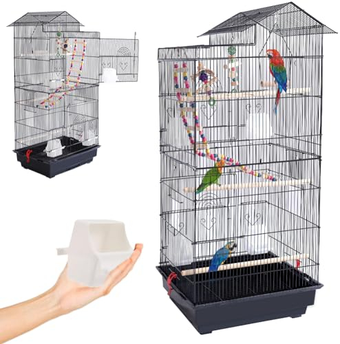 BAKAJI Volierenkäfig für Vögel, unzertrennliche Papageien, Nymphensittiche, Wellensittiche, Vögel, aus Metall und schwarzem Holz, mit Spielzeug, Zubehör, Käfig mit Leiter und abnehmbarem Becken
