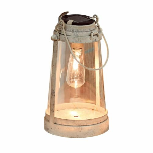 Loberon Chénens Lanterna Solare - Ferro Lavorato a Mano con Vernice Bianco Antico - A energia Solare, Bianco Antico