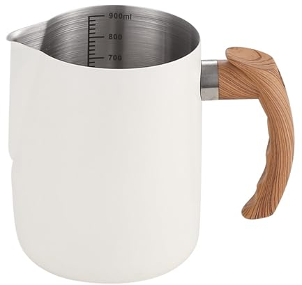 bephible Latte Art - Jarra de espuma de acero inoxidable con escala precisa, mango de madera, boquilla antigoteo, 600/1000 ml, taza de café para café espresso, capuchino, blanco, 600 ml