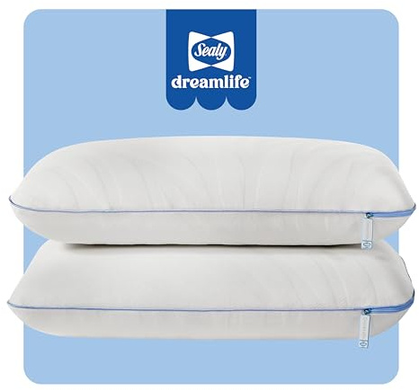 Sealy Dreamlife Queen Size Memory Foam Cooling Pillow with Surface Guard Technology, Removable Machine-Washable Cover, 1 Year Limited Warranty, White (2 Pack)