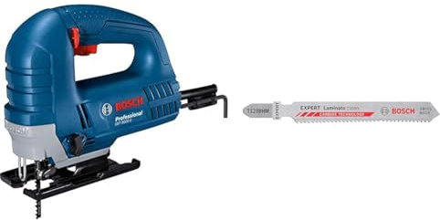 Bosch Professional GST 8000 E - Sierra de calar (710 W, máx. 3100 cpm, corte 80 mm, en caja) + 3x Hojas de sierra de calar Expert `Laminate Clean` T 128 BHM (Vinilo laminado sólido, PVC, HPL, 92 mm)