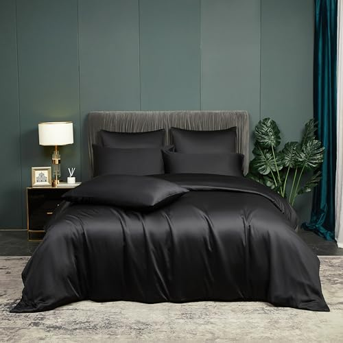 Biancheria da letto estiva 200 x 200 cm, colore nero, tinta unita, liscia, in fibra di bambù rinfrescante, morbida e traspirante, copripiumino di lusso con chiusura lampo e 2 federe da 80 x 80 cm