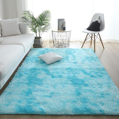 BESTORI Teppich Wohnzimmer Weich Flauschig Hochflor Langflor Teppiche Waschbar Tie-dye Carpet Spielteppich für Schlafzimmer, Kinderzimmer, Hellblau, 60x120cm