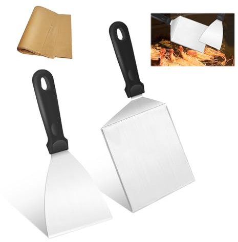 Sprifityy 2 Pezzi Spatola in acciaio inox per smash hamburger,manici in plastica,Spatola da grill professionale,Contiene 30 involucri per hamburger,per teppanyaki,barbecue,bistecca,pizza