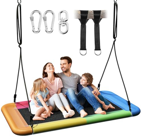 Everyfun Tree Swing for Kids and Adults, 60 Waterproof Rectangle Platform Swing, 700lbs Heavy Duty with Adjustable Straps, Rainbow