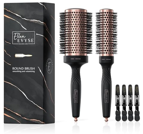 Ellen Evyse Round Brush for Blow Drying, Ceramic Coated Barrel for Volumizing & Shine, Lightweight Styling Brush for Straightening, Curling,with 4 Hair Clips (1.3inch&2.1inch)