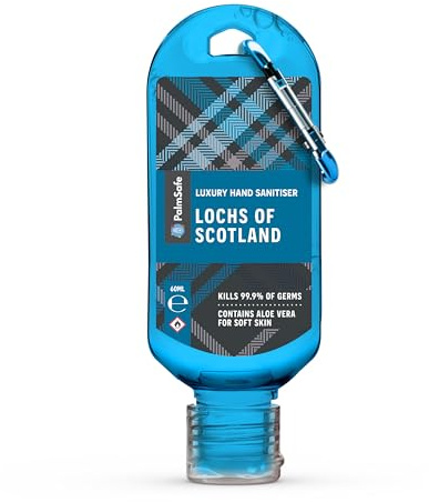 Palm Safe Lochs of Scotland 60ml Anti Bacterial Premium Hand Sanitiser Travel Size Refillable Clip Bottle Quick Drying Non Sticky Extra Moisturising Kills 99.9% of Viruses and Bacteria