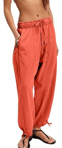Aimiray Women's High Waisted Wide Leg Linen Pants Elastic Drawstring Casual Flowy Barrel Pants with Pockets(Orange-S)