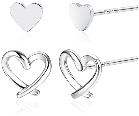 Pendientes de tuerca en forma de corazón para mujer, 2 pares de pequeños pendientes de corazón de plata de ley 999, pendientes de corazón de amor, regalo para niñas y adolescentes, joyas minimalistas