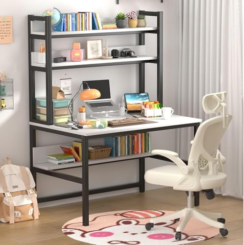 Aquzee Computer Desk with Shelves, 120 cm Desk with Hutch and Bookshelf, Study Table Desks & Workstations for Bedroom, Space Saving 3 Tier Storage Shelves, White Work Desk for Home Office