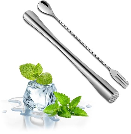 DIYCUT 2 Piezas Mortero de Cóctel de Acero Inoxidable, Pestle de Cóctel, Cocteleria Muddler, con Cuchara Mezcladora de Doble Punta, para Bares, Cocinas, Restaurantes