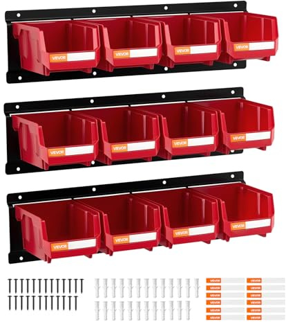 VEVOR Stapelboxen Wandmontage, 137x105x75mm Lagerboxen (12er-Pack) & 3 Metallschienen, Sichtlagerboxen für Schrauben Muttern Bolzen Nägel, Werkzeug-Organizer für Werkstatt Bastelraum Garage, Rot