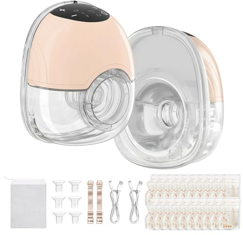 TOPCHANCES Tiralatte a mani libere, tiralatte indossabile elettrico, 4 modalità, 12 livelli, 45 dB, pompa wireless ultra silenziosa, con 10 sacchetti per il latte e flangia da 17/19/21/24 mm, senza