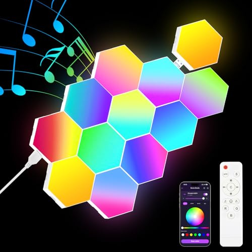 vsshe Hexagonal LED Pared Luces 12pcs RGB Gaming Panel, 16 Millones Colores Paneles LED Hexagonal, Sincronización de Música Hexagonales Gamer Habitacion Pared Decoracion Lampara Smart App