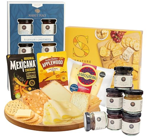 Cheese Wedges, Chutney & Crackers Selection - Cheeseboard Assortment of 3 x 185g Smoky, Chilli Cheddar, 6 Assorted Flavour Chutneys & 200g Cracker Mix. Great for Cheese Gifts, Birthday Gifts