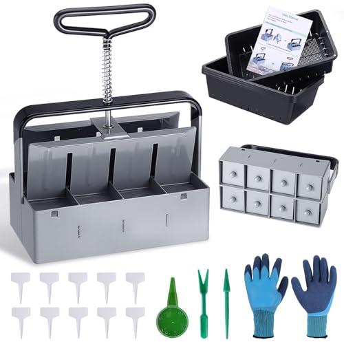 Moendergo Empacadora manual de cultivo, para 8 bloques de 5 x 5 x 5 cm, bloqueador de suelo manual con sembradora, guantes, paletas de cultivo para trasplante de plantación, color gris