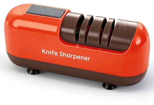 Knivslipare elektrisk, elektrisk knivslip för grova och finer, ergonomisk elektrisk knivsharpener proffs, för knivar med rakt blad, tandade knivar och saxar – röd