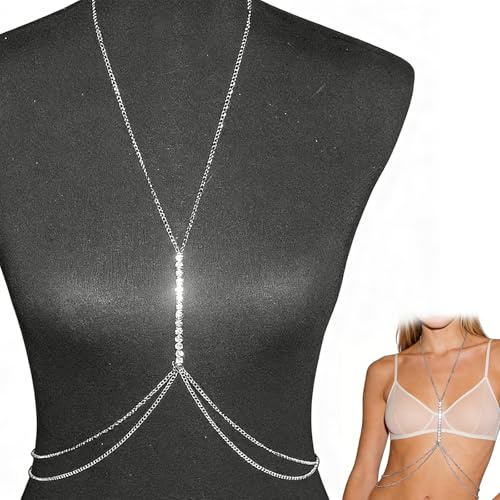 ARYIMYDP Cadena Corporal Con Cristales Y Flecos, Collar De Pecho Multicapa Para Mujer, Ajustable En Aleación Ecológica, Joyería De Cuerpo Brillante Para Playa, Fiesta Y Festival