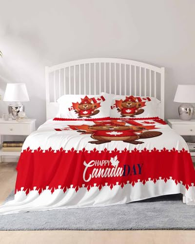 AMZRicher 4 Piece Cal. King Sheet Set Canada Beavers Sheets Set for Cal. King Size Bed, Breathable Soft Microfiber Bed Sheets Modern Chic Maple Leaf Red Brown Fitted Sheet Deep Pocket, Pillowcases