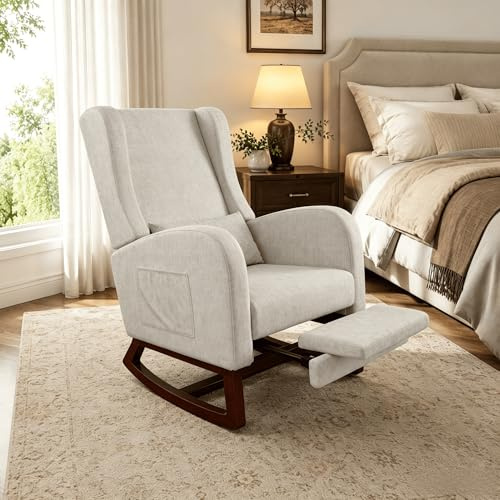 Sillón Mecedora con Reposapiés Extensible y Cojín, Butaca Mecedora Tapizada en Tejido de Terciopelo Suave con Bolsillos Laterales, Silla Relax con Patas de Madera para Salón y Dormitorio, Gris Claro