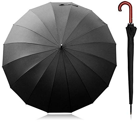 Becko US Stick Tote Umbrella, Durable and Strong Enough for the Fierce Wind and Heavy Rain, Unisex Golf Umbrella, Color Black or Clear, With J-handle / 16 Ribs (Black J-Handle16 Ribs)