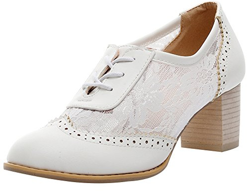 Jamron Damen Elegant Spitzenbesatz Braut Hochzeit Schuhe Blockabsatz Oxfords Abendschuhe Weiß SN02107 EU38.5