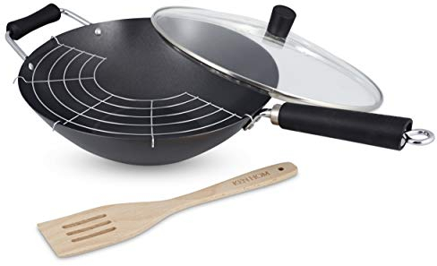 Ken Hom Set Wok 4 Pezzi Antiaderente Acciaio al Carbonio, 31cm, Excellence, Padella a Induzione/Compatibile con Utensili in Metallo, Lavabile in Lavastoviglie, 5 Anni di Garanzia