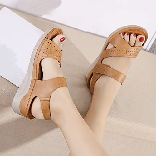 XWCG Sandalias Ortopédicas de Cuero con Puntera Abierta para Mujer con Plataforma Elástica Huecas Sandalias Plataformas Mujer Fiesta Playa Zapatos Mujer Verano,Marrón,US6/EU37