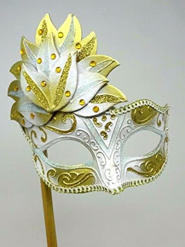 Masque vénitien avec bijou blanc et doré sur bâton en bois pour femme