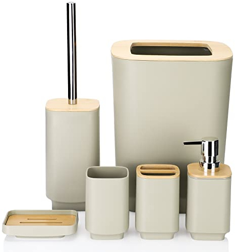 JOTOM Modernes Badezimmer Zubehör Set 6 Stück - Beige, Glänzend - Seifenspender, Zahnbürstenhalter, Zahnbecher, Seifenschale, WC-Bürste & Halter, Müll - Kunststoff