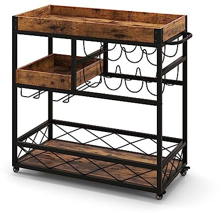 GOPLUS Carro de servir de 3 pisos, carrito de bar móvil con 8 botellas de vino y 12 soportes de cristal, carro de cocina con ruedas universales, asas, carrito de madera para salón y cocina
