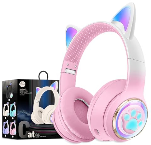 OHAANYY Cuffie Bluetooth per Bambini, Bambine, Cuffie per Orecchie da Gatto, Over-Ear con Luce LED, Cuffie Sereo Pieghevoli, Bluetooth, Cuffie Wireless per Bambini con Microfono, Micro SD/TF (9)