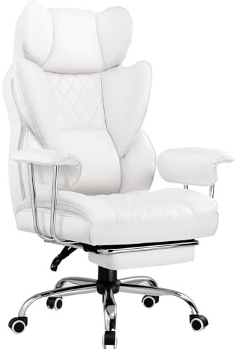 GTPLAYER Gaming Stuhl, Bürostuhl mit Taschenfeder-Lendenwirbelstütze, ergonomischer und komfortabler breiter Büro-Computersessel mit nach außen fixierten weichen Armlehnen und Fußstütze Leder Weiß