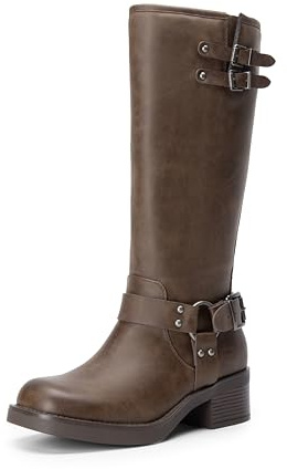 DREAM PAIRS Women's Knee High Boots Side Zipper Motorcycle Boots Square Toe Chunky Low Heel Fashion Buckles Biker Riding Boots,Size 11,Brown-Nubuck,SDKB2412W