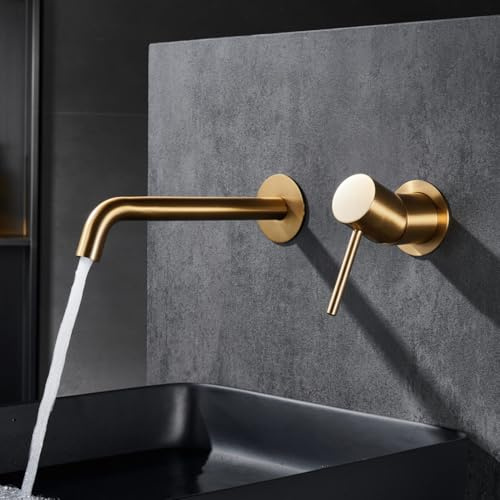 IMEX - Grifo Lavabo Empotrado Oro Cepillado | Grifo Empotrado Baño con Agua Fría y Caliente | Grifo Monomando Lavabo Pared con Ahorro de Agua | Serie Monza | Color Dorado