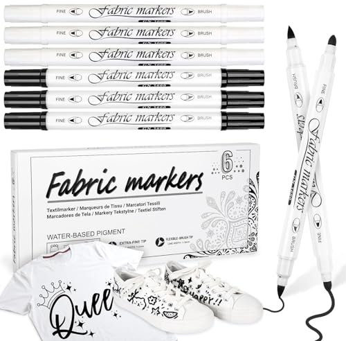 Aocster Textilstifte Waschmaschinenfest Weiß, 6 Stück Textilmarker Waschmaschinenfest Schwarz und Weiß, 1-5mm Dual Tip textilfarbe Permanent, Ungiftige Stoffmalstifte für T-Shirt Stoffbeutel Schuhe