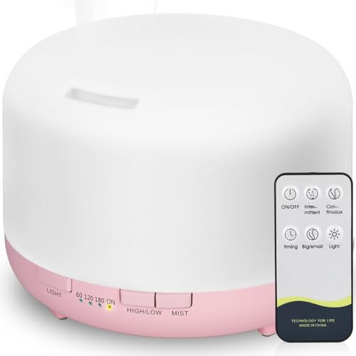 Hianjoo Aroma Diffuser Humidificador 450ml Humidificador Ultrasónico Aromaterapia Lámpara LED Colorida con Función Control Remoto para Yoga Salon SPA Vivir Dormir Bañarse Hotel, Rosa