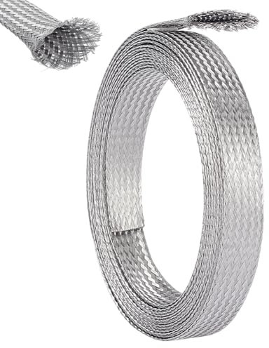 UNICRAFTALE 0.59 Wide Stainless Steel Braided Sleeving Braid 13.12 Feet Cable Wire Shielding Sleeve Ground Straps Protection Metal Mesh Flexible Expandable Scalable Ribbon Flat Wire for Protect Cable