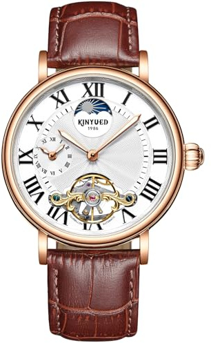 W WOLF-CUB Herr Tourbillon mekaniska klockor brun läderrem månfas dubbel tidszon klockor lysande vattentät automatisk klocka för män, Brun, Retro; ledig; sport; mode;